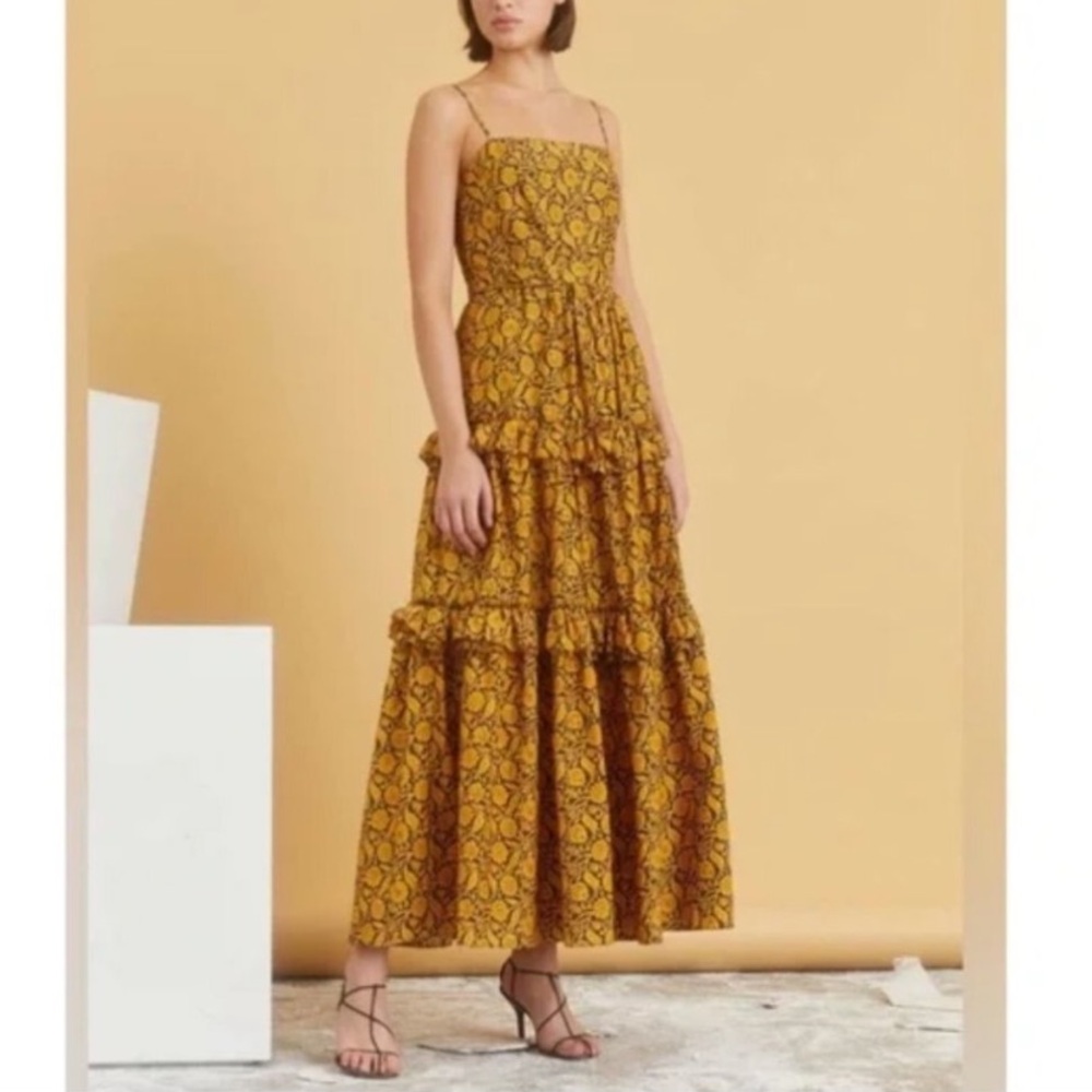 Nicholas ADELE Black and Gold Floral Cotton Tiered Ruffle Sundress Size 4 Maxi - Picture 11 of 11
